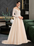 Samara Ball-Gown/Princess Illusion Chapel Train Wedding Dress With Sequins STIP0013798