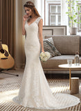 Blanche Trumpet/Mermaid V-neck Court Train Lace Wedding Dress STIP0013804