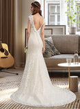 Blanche Trumpet/Mermaid V-neck Court Train Lace Wedding Dress STIP0013804