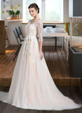 Savanna Ball-Gown/Princess V-neck Court Train Tulle Wedding Dress With Beading Appliques Lace Sequins Bow(s) STIP0013809