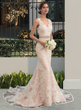 Britney Trumpet/Mermaid V-neck Chapel Train Tulle Lace Wedding Dress With Beading STIP0013810