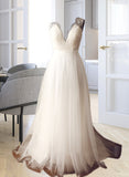 Taylor A-Line V-neck Sweep Train Tulle Wedding Dress STIP0013812