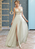 Shaniya A-Line V-neck Floor-Length Wedding Dress With Lace Split Front STIP0013815