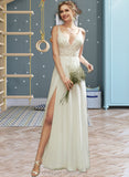 Shaniya A-Line V-neck Floor-Length Wedding Dress With Lace Split Front STIP0013815