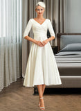 Kira A-Line V-neck Tea-Length Satin Wedding Dress STIP0013817