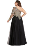 Peyton A-line One Shoulder Floor-Length Lace Tulle Evening Dress With Sequins STIP0020839