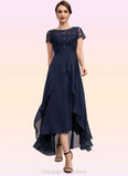 Luna A-Line Scoop Neck Asymmetrical Chiffon Lace Mother of the Bride Dress With Sequins Bow(s) Cascading Ruffles STI126P0014530