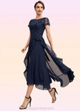 Luna A-Line Scoop Neck Asymmetrical Chiffon Lace Mother of the Bride Dress With Sequins Bow(s) Cascading Ruffles STI126P0014530