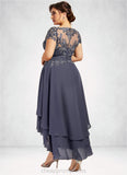 Lilith A-Line Scoop Neck Asymmetrical Chiffon Lace Mother of the Bride Dress With Beading STI126P0014534