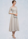 Faith A-Line Scoop Neck Tea-Length Chiffon Lace Mother of the Bride Dress With Beading Sequins STI126P0014535