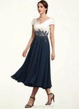 Lucia A-Line V-neck Tea-Length Chiffon Lace Mother of the Bride Dress STI126P0014539