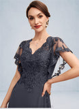 Delilah A-line V-Neck Floor-Length Chiffon Lace Mother of the Bride Dress With Sequins STI126P0014542