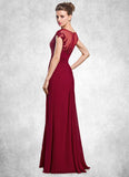 Ruby Sheath/Column Scoop Neck Floor-Length Chiffon Mother of the Bride Dress With Ruffle Beading Appliques Lace Sequins Split Front STI126P0014549