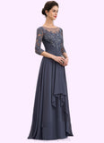 Luna A-Line Scoop Neck Floor-Length Chiffon Lace Mother of the Bride Dress With Cascading Ruffles STI126P0014550