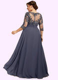 Luna A-Line Scoop Neck Floor-Length Chiffon Lace Mother of the Bride Dress With Cascading Ruffles STI126P0014550