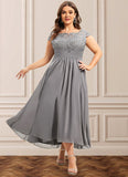 Akira A-Line Scoop Neck Asymmetrical Chiffon Lace Mother of the Bride Dress STI126P0014556