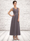 Francesca A-line V-Neck Ankle-Length Chiffon Mother of the Bride Dress With Beading Appliques Lace Sequins STI126P0014558