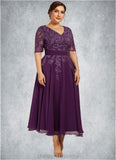 Sabrina A-line V-Neck Tea-Length Chiffon Lace Mother of the Bride Dress With Sequins STI126P0014561