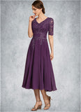 Sabrina A-line V-Neck Tea-Length Chiffon Lace Mother of the Bride Dress With Sequins STI126P0014561