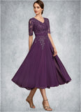 Sabrina A-line V-Neck Tea-Length Chiffon Lace Mother of the Bride Dress With Sequins STI126P0014561