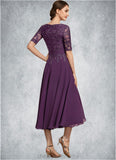 Sabrina A-line V-Neck Tea-Length Chiffon Lace Mother of the Bride Dress With Sequins STI126P0014561