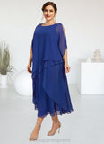 Kathy A-Line Scoop Neck Tea-Length Chiffon Mother of the Bride Dress With Beading Sequins Cascading Ruffles STI126P0014562