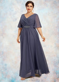 Madeline A-Line V-neck Ankle-Length Chiffon Mother of the Bride Dress With Ruffle Beading Sequins STI126P0014564