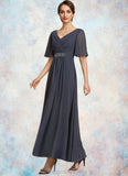 Madeline A-Line V-neck Ankle-Length Chiffon Mother of the Bride Dress With Ruffle Beading Sequins STI126P0014564