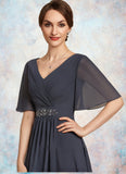 Madeline A-Line V-neck Ankle-Length Chiffon Mother of the Bride Dress With Ruffle Beading Sequins STI126P0014564