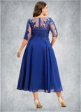 Violet A-Line Scoop Neck Tea-Length Chiffon Lace Mother of the Bride Dress With Sequins STI126P0014565