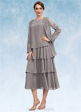 Kaylee A-Line Scoop Neck Tea-Length Chiffon Mother of the Bride Dress With Cascading Ruffles STI126P0014603