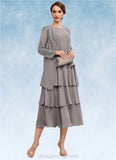 Kaylee A-Line Scoop Neck Tea-Length Chiffon Mother of the Bride Dress With Cascading Ruffles STI126P0014603