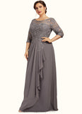 Haylee A-Line Scoop Neck Floor-Length Chiffon Lace Mother of the Bride Dress With Cascading Ruffles STI126P0014608