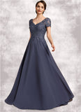 Josephine A-line V-Neck Floor-Length Chiffon Lace Mother of the Bride Dress With Beading Sequins STI126P0014614