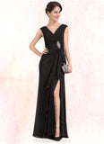 Kaleigh A-Line V-neck Floor-Length Chiffon Mother of the Bride Dress With Beading Split Front Cascading Ruffles STI126P0014623