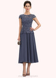 Stella A-Line Scoop Neck Tea-Length Chiffon Lace Mother of the Bride Dress STI126P0014627