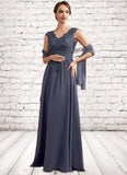 Savannah A-Line V-neck Floor-Length Chiffon Lace Mother of the Bride Dress With Beading Sequins STI126P0014657