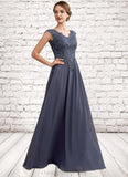 Savannah A-Line V-neck Floor-Length Chiffon Lace Mother of the Bride Dress With Beading Sequins STI126P0014657