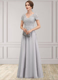 Nadine A-line V-Neck Floor-Length Chiffon Lace Mother of the Bride Dress With Sequins STI126P0014658