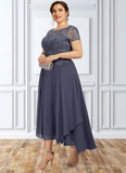 Serenity A-Line Scoop Neck Asymmetrical Chiffon Lace Mother of the Bride Dress With Sequins STI126P0014667