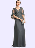 Prudence A-Line V-neck Floor-Length Chiffon Lace Mother of the Bride Dress With Beading Sequins STI126P0014674