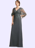 Prudence A-Line V-neck Floor-Length Chiffon Lace Mother of the Bride Dress With Beading Sequins STI126P0014674