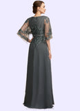 Prudence A-Line V-neck Floor-Length Chiffon Lace Mother of the Bride Dress With Beading Sequins STI126P0014674