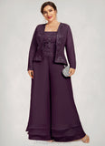 Riley Jumpsuit/Pantsuit Square Neckline Ankle-Length Chiffon Lace Mother of the Bride Dress With Sequins STI126P0014676