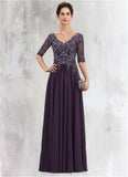 Bella A-Line V-neck Floor-Length Chiffon Lace Mother of the Bride Dress STI126P0014678