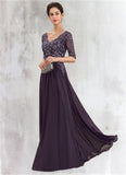 Bella A-Line V-neck Floor-Length Chiffon Lace Mother of the Bride Dress STI126P0014678