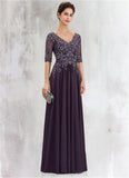 Bella A-Line V-neck Floor-Length Chiffon Lace Mother of the Bride Dress STI126P0014678