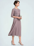 Tessa A-Line Scoop Neck Tea-Length Chiffon Mother of the Bride Dress With Ruffle STI126P0014679