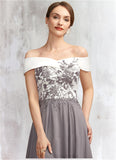 Kenna A-Line Off-the-Shoulder Tea-Length Chiffon Lace Mother of the Bride Dress STI126P0014680