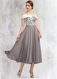 Kenna A-Line Off-the-Shoulder Tea-Length Chiffon Lace Mother of the Bride Dress STI126P0014680